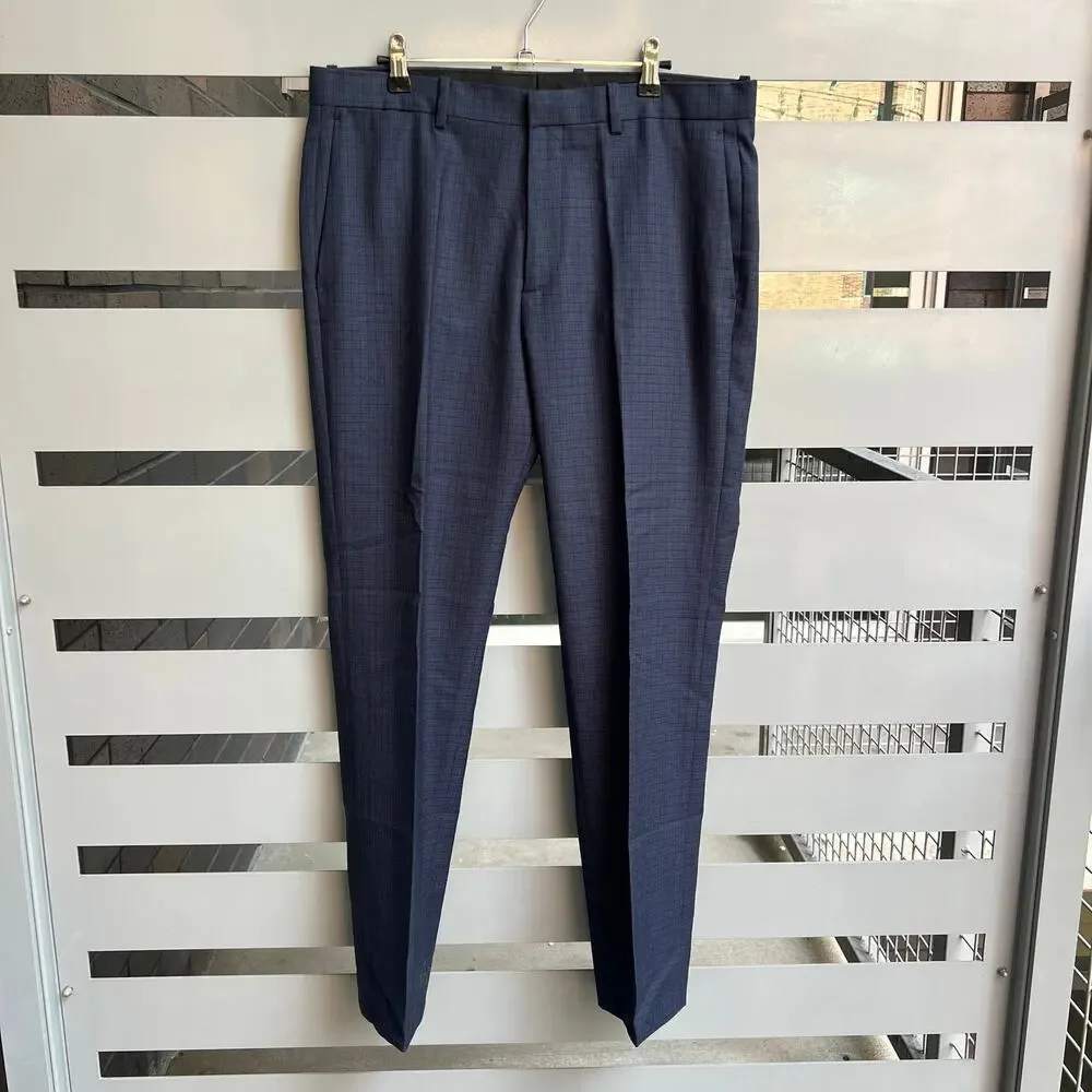 Theory Navy Textured Tonal Grid Wool Slim Fit Dress Pants Size 34